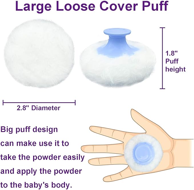 BPA Free Baby Powder Puff Box, Large 2.8" Fluffy Body After-Bath Powder Case, Baby Care Face/Body Villus Powder Puff Container, Makeup Cosmetic Talcum Powder Container with Hand Holder (Blue)