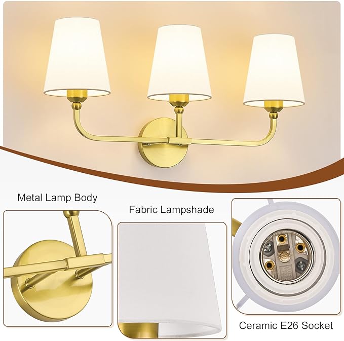 Bathroom Vanity Light, Brushed Gold Bathroom Light Fixtures, 3-Light Lighting Fixtures Over Mirror, Modern Wall Sconce with Flared White Fabric Shade, E26 Socket(ETL Listed)
