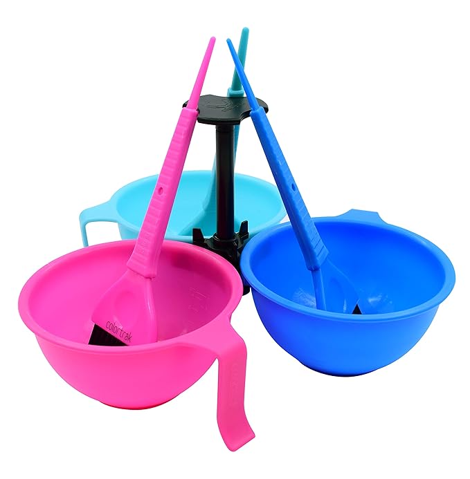 Colortrak Hair Dye Bowl Caddy, Includes Center Caddy Pole and Three Color Coded Bowls with Matching Brushes, Bowls Marked for Measurements, Bowls with Individual Handles