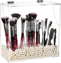 Okllen Makeup Brush Holder with Dustproof Lid, White Pearls, Acrylic Clear Makeup Brush Organizer with 3 Compartment, Large Cosmetic Brush Storage Box Case for Vanity, Bathroom, Bedroom