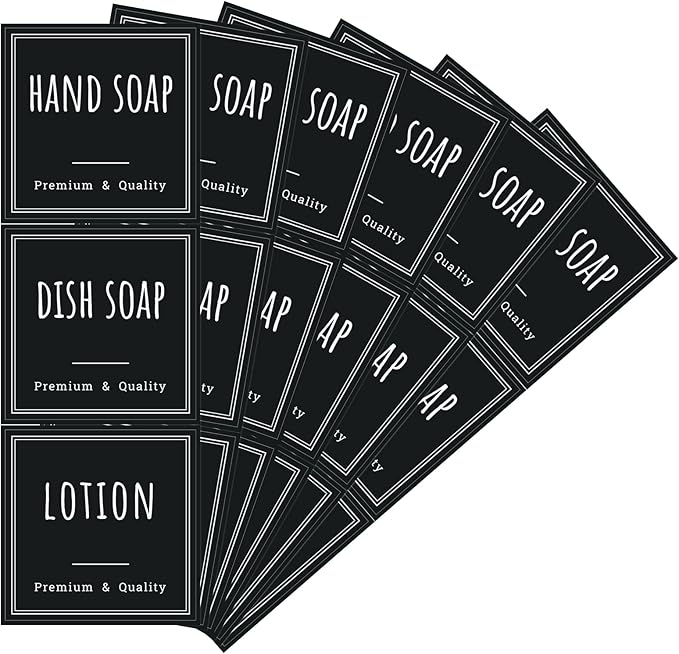 Segbeauty Kitchen Organization Labels, 18pcs Black Removable Waterproof Labels for Containers, Reusable Hand Soap Dispenser Sticker for Farmhouse Modern Home Cleaning Plastic Glass Bottles