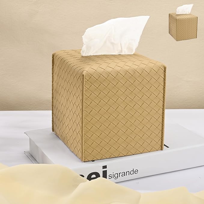 HOMOTEK 2 Pack Tissue Box Cover, Square PU Leather Tissue Holder, Decorative Facial Tissue Cube Paper Organizer Dispenser for Bathroom, Night Stands, Desk, Car 5X5X5'' - Woven Waffle,Camel
