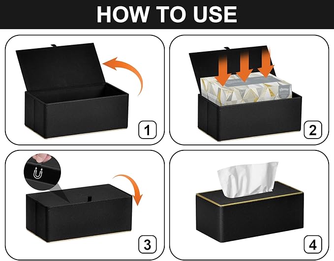 Tissue Box Cover Square PU Leather Facial Tissue Box Holder for Dresser Bathroom Decor (Black Pearl)