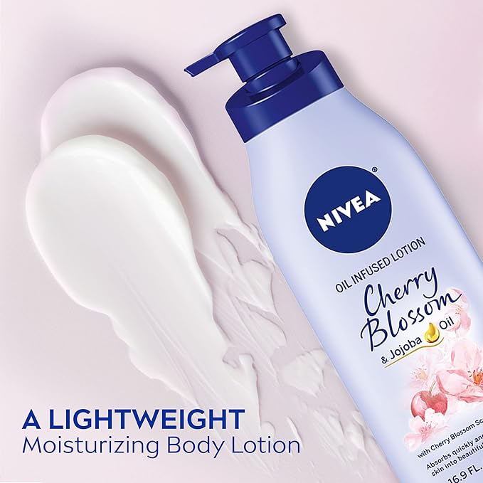 NIVEA Oil Infused Cherry Blossom and Jojoba Oil Body Lotion for Women, Fast-Absorbing and Non-Greasy Cherry Blossom Scented Lotion Moisturizes for 48 Hours, 16.9 Fl Oz Pump Bottle (Pack of 2)