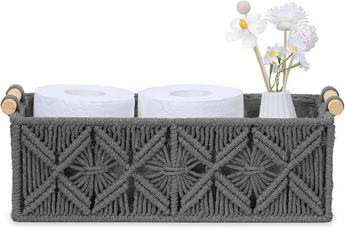 Nonam Macrame Storage Baskets, Boho Decor Style Woven Storage Boxes for Home Organization, Toilet Tank Shelf Cabinet Organizer Baskets,Set of 2,Grey