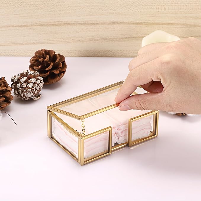 Cotton Swab Holder Small Qtip Dispenser Glass Bathroom Accessories Storage Canister for Dental Floss Pick Organizer Box, 4.1" L x 2.8" W x 1.5" H