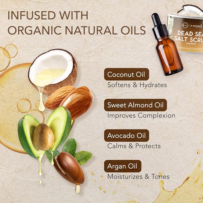 O Naturals Exfoliating Scrub, Natural Dead Sea Salt Deep-Cleansing Face & Body Scrubs. Anti-Cellulite Tones Helps Oily Skin, Acne, Ingrown Hairs & Dead Skin Remover - Coconut Oil 18oz