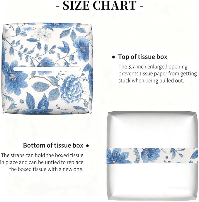 Floral Tissue Box Cover Blue Leather Tissue Box Holder Square Facial Paper Organizer Dispenser for Bathroom Kitchen Bedroom Vanity Countertop Night Stands