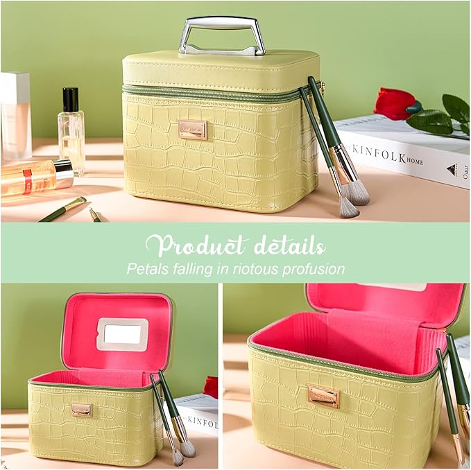 Fashion makeup box, Portable leather hard cosmetic case with mirror, Professional train case make up box for women adults. (Green)
