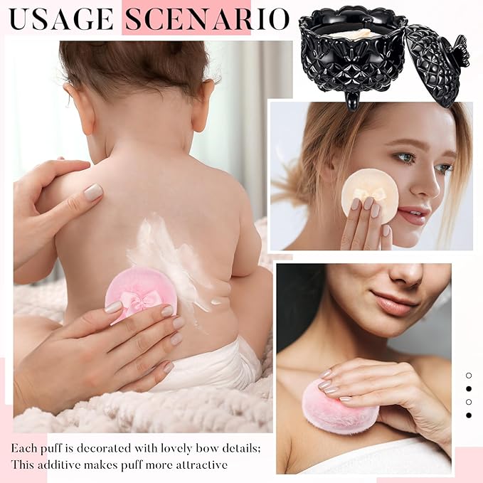 Tioncy 3 Pcs Large Body Powder Puff and Container Valentine's Day gift Powder Container with Puff Crystal Case Soft Washable Reusable Velour Face Body Glitter Wet Dry Makeup (Butterfly,Black)