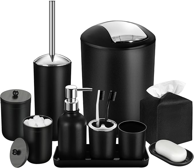 Black Bathroom Accessories Set, 10Pcs Bathroom Accessory Set with Trash Can, Soap Dispenser and Toothbrush Holder, Soap Dish, Cotton Ball & Qtip Holder, Toilet Brush Holder, Tissue Box Cover