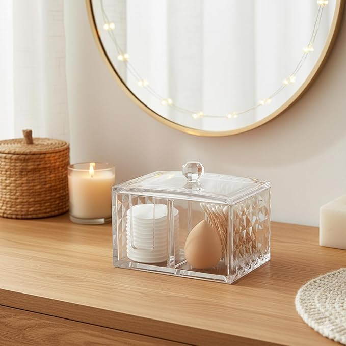 Cotton Swab Holder - Compact Bathroom Canister with Lid and 3 Compartments for Organizing Cotton Ball, Swab, Pad - Acrylic Bathroom Jar Compatible with Q Tips Cotton Swab