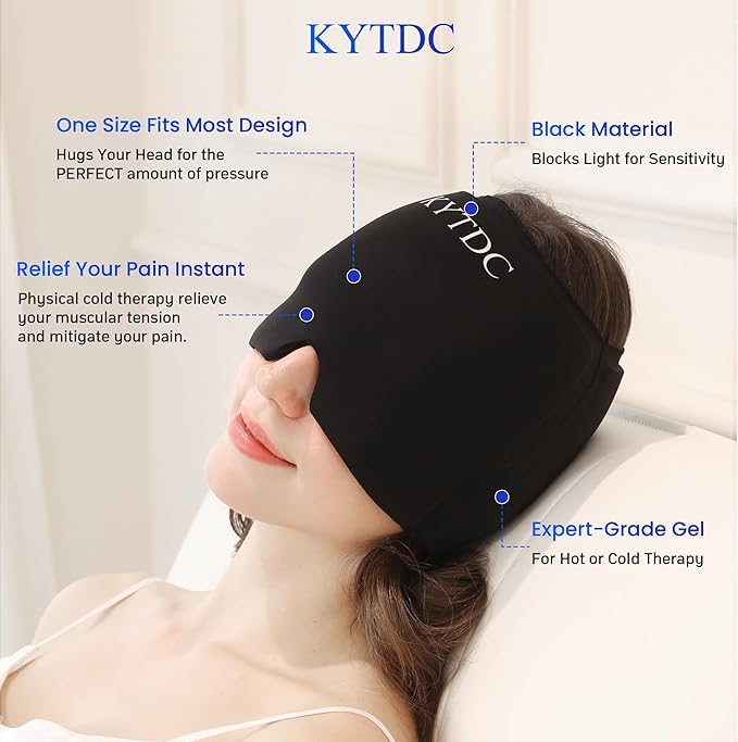 Migraine Relief Cap Gel Ice Head Wrap - Hot & Cold Therapy Soothing Headache Hat Ice Pack Mask, Headache Relief Wrap for Tension, Stress, Hangover &Puffy Eyes (Black)
