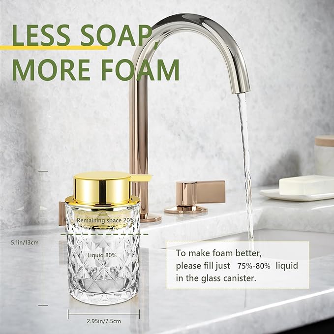 Glass Foaming Soap Dispenser Refillable Foaming Hand Soap Dispenser with Gold Large Pump Wide Opening for Bathroom Kitchen Countertop Modern Home Decor with Elegant Pattern - Clear