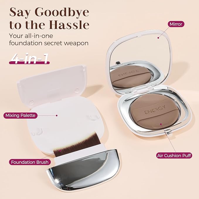 ENERGY Flat Foundation Brush with Mirror, Powder Puff & Mixing Palette 4-in-1, Travel Kabuki Makeup Brush for Liquid or Powder Cream Foundation, Magnetic Portable Kabuki Brushes On-The-Go Small White