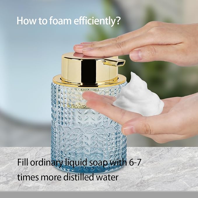 Foaming Soap Dispenser, 2pcs Blue Glass Foam Soap Dispenser with Gold Pump, Refillable 10oz Lotion Liquid Container Pump Bottle for Bathroom Kitchen Countertop