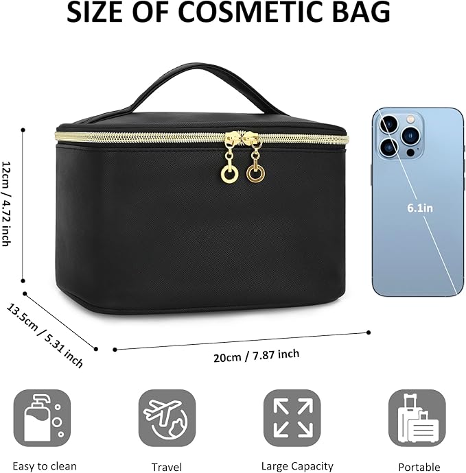 Small Makeup Bag Travel Cosmetic Bag Toiletry Zipper Pouch Make Up Organizer Bag with Handle Purse for Women Soft PU Leather Skincare Case (L02-Black)
