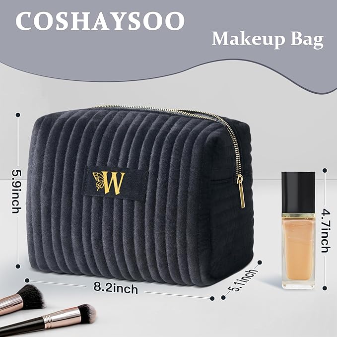 COSHAYSOO Initial Makeup Bag Womens Travel Make Up Bags Velvet Cosmetic Pouch Monogrammed Gifts for Women Beauty Tools Accessories Black Letter W