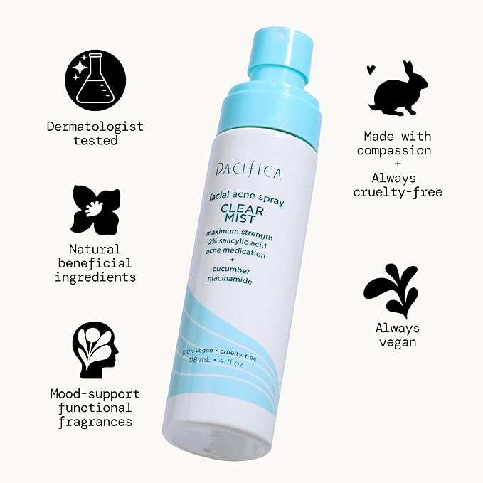 Pacifica Facial Spray for Acne Treatment - Clear Face Mist Acne Spray w/ 2% Salicylic Acid Niacinamide & Aloe - Acne Cleanser - Targets Bacteria for Teens & Adults Vegan Clean Dermatologist Tested