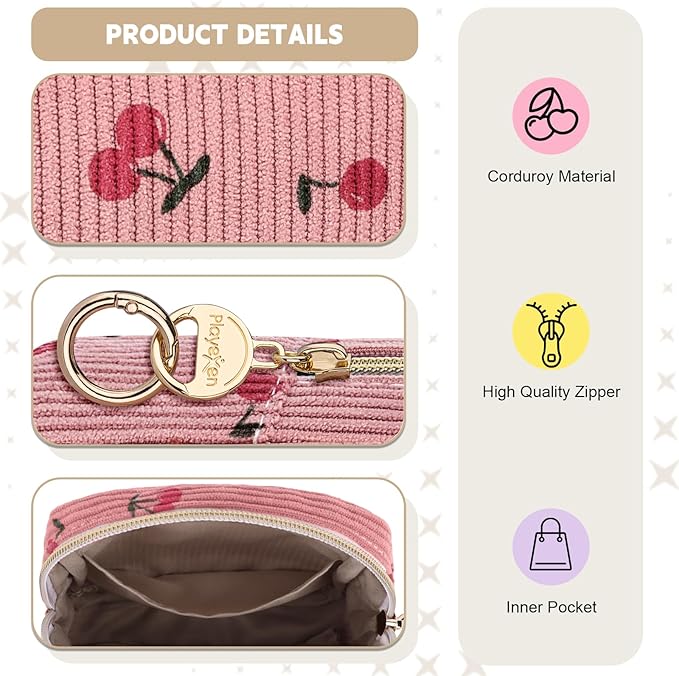 Cute Period Bag for Teen Girls, Corduroy Sanitary Napkin Storage Bag, Menstrual Pad Pouch Tampon Holder for Purse (Cherry-Pink)