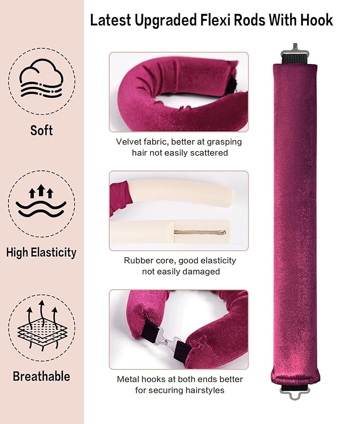Heatless Curls Overnight with Satin Head Scarf, Velvet Hair Rollers for Blowout Look, No Heat Curling Rod for Long Thick Hair, Soft Sleep In Flexi Rods