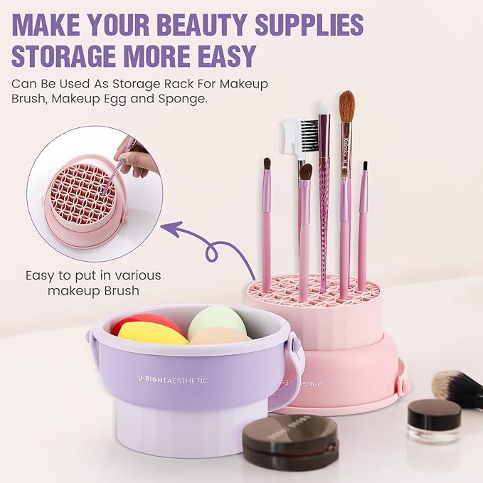 2 Pack Makeup Brush Cleaner Mat 3 in 1 Silicone Makeup Brush Cleaning Bowl Makeup Brush Sponge Scrubber Tool for Cleaning, Storage and Upside Down Drying, （Two Khaki）