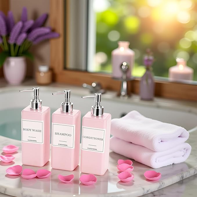 Shampoo and Conditioner Dispenser for Shower, Refillable Shampoo and Conditioner Bottles Body Wash Dispenser with Waterproof Labels, 3PCS 16.9oz Soap Dispenser Bathroom Pink Silver Empty Pump Bottle