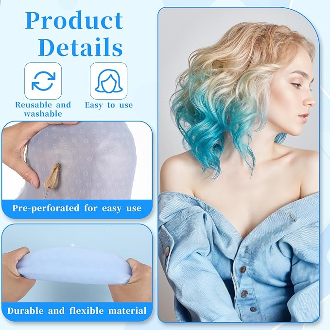 SHENLIU Punched Silicone Highlight Hair Cap with Needle Brushes Set,Reusable Highlighting Poked Hole Hooks for Salon Color Hairdressing Dyeing Staining Tools for Women Men(Blue)