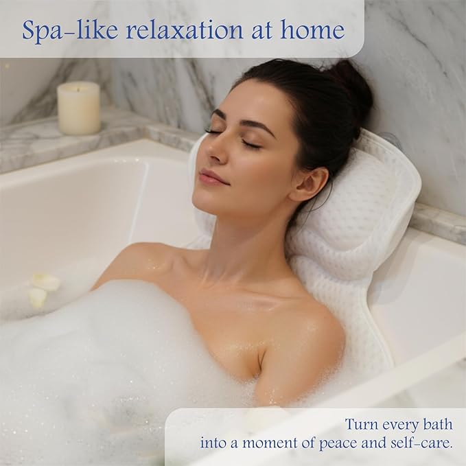 Bath Pillows for Tub Neck and Back Support Luxury Bathtub Pillow 4D Mesh Bath Pillow with Non-Slip Suction Cups Spa Bathtub Accessories Set with Bath Sponge & Scalp Massage Brush Relax Gifts for Women