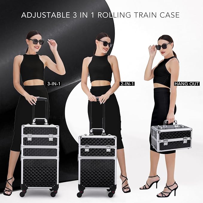 FRENESSA 3 in 1 Rolling Makeup Train Case Professional Cosmetic Trolley Large Storage with Keys Swivel Wheels Salon Barber Case Traveling Cart Trunk for Make Up Hairstylists Nail Tech, Vintage Black