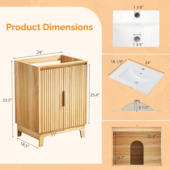 VINGLI 24 Inch Bathroom Vanity with Sink, Mid Century Modern Fluted Vanity Cabinet with Ceramic Basin, Small Free Standing Combo for Powder Room, Soft Close Doors, Natural Oak