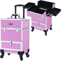 TOPACK Rolling Makeup Train Case,Professional Cosmetology Case on Wheels,Large Cosmetic Organizer Trolley Case,Makeup Travel Case with Draws,Nail Artist Hairstylist Storage Traveling Cart Trunk,Pink