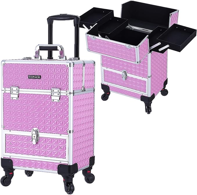 TOPACK Rolling Makeup Train Case,Professional Cosmetology Case on Wheels,Large Cosmetic Organizer Trolley Case,Makeup Travel Case with Draws,Nail Artist Hairstylist Storage Traveling Cart Trunk,Pink