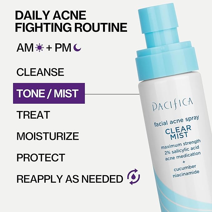 Pacifica Facial Spray for Acne Treatment - Clear Face Mist Acne Spray w/ 2% Salicylic Acid Niacinamide & Aloe - Acne Cleanser - Targets Bacteria for Teens & Adults Vegan Clean Dermatologist Tested