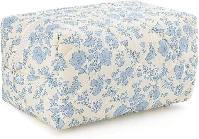 Puffy Coquette Floral Quilted Makeup Bag - Large Fashionable Travel Pouch, Cute Blue