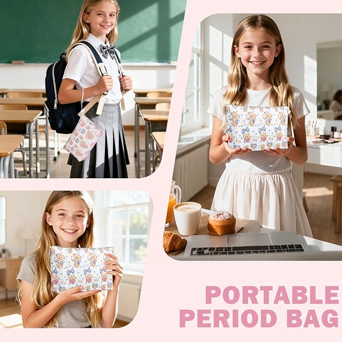 Period Bag for Teen Girls, Quilted Sanitary Napkin Storage Bag, Cute Bears Menstrual Pad Pouch Tampon Holder (Large-Blue)