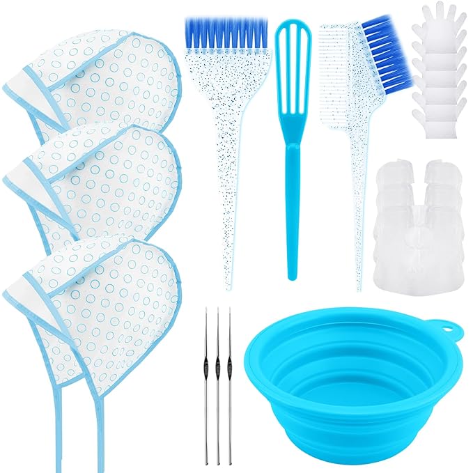 19PCS Hair Bleach Highlighting Kit with Hair Dye Brush and Bowl Set Color Whisk, Highlight Frosting Cap with Hook, Gloves and Capes, Home Use Salon Tools for Hair Bleaching Coloring Dying