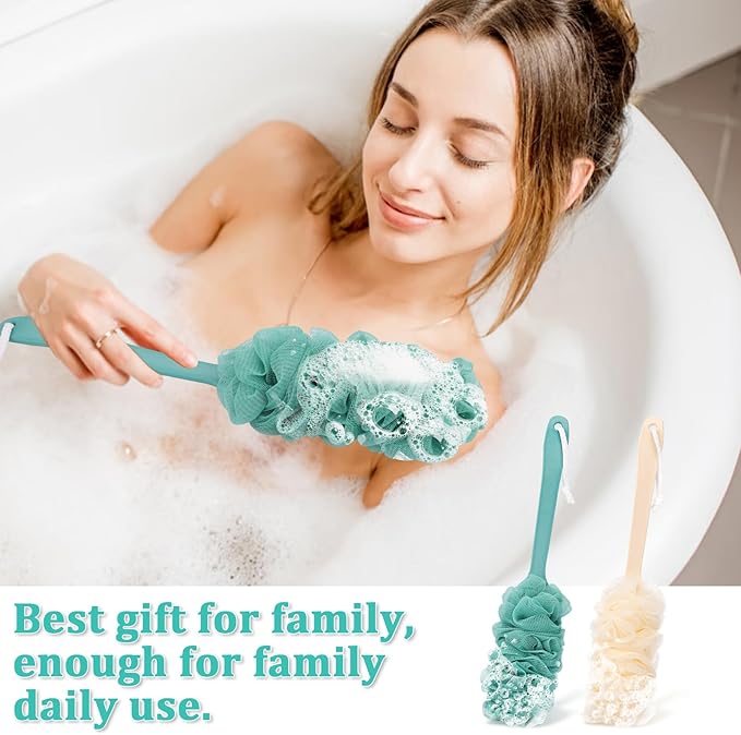 2Pack Back Scrubber for Shower Loofah with Long Handle, Shower Brush for Body, 17″ Loofah on a Stick for Men Women Bathing Accessories, Scrubber Sponge for Exfoliating Bath Brushes (Beige & Green)