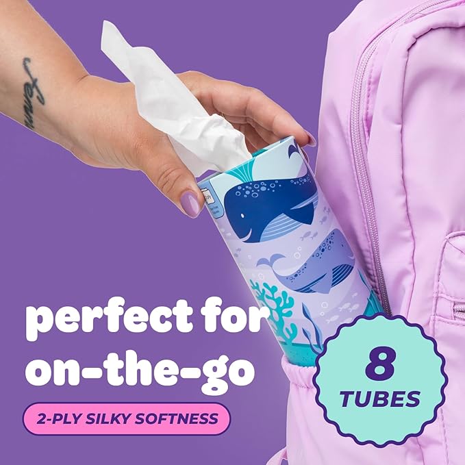 Bim Bam Boo 100% Bamboo Facial Tissue Tubes, 3-ply Hypoallergenic Travel Tissues in Car Tissue Holder, 8 Eco-Friendly Cylinder Tissue Tubes