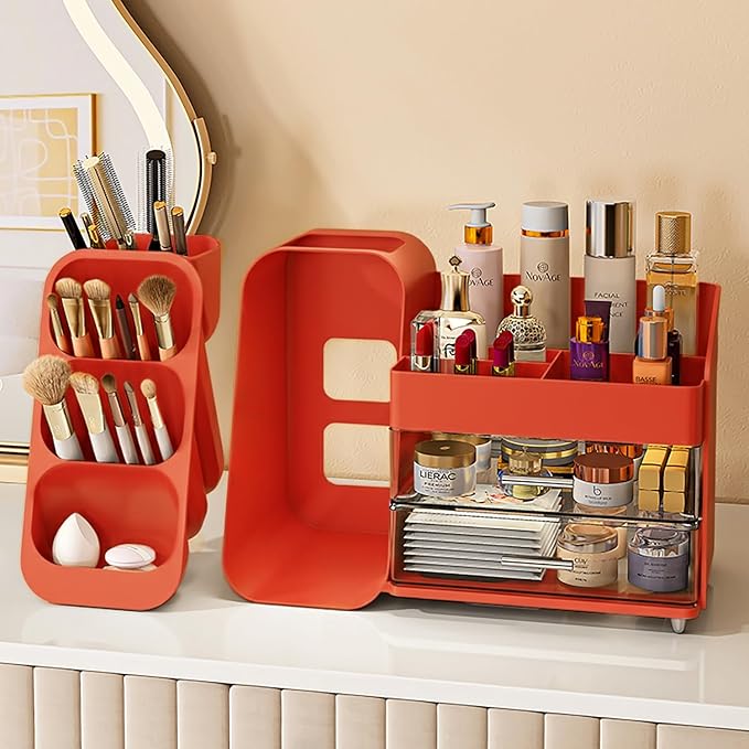 Red Makeup Organizer with Drawers for Vanity, Spacious Cosmetic Display Case, Perfect Storage Solution for Your Beauty Essential
