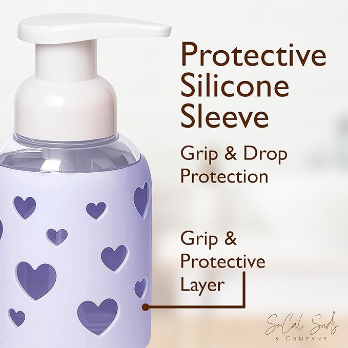 SoCal Suds & Company Foaming Hand Soap Dispenser Glass, Liquid Soap Pump with Heart Silicone Sleeve, Refillable Bottle for Kids, Baby Wash & Shampoo, Ideal for Bathroom & Kitchen Use, Soft Purple, 8oz