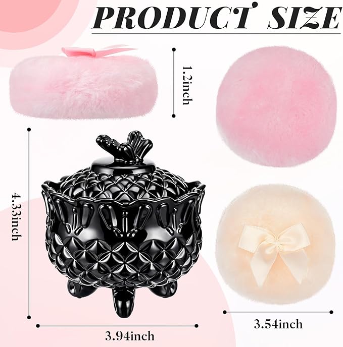 Tioncy 3 Pcs Large Body Powder Puff and Container Valentine's Day gift Powder Container with Puff Crystal Case Soft Washable Reusable Velour Face Body Glitter Wet Dry Makeup (Butterfly,Black)