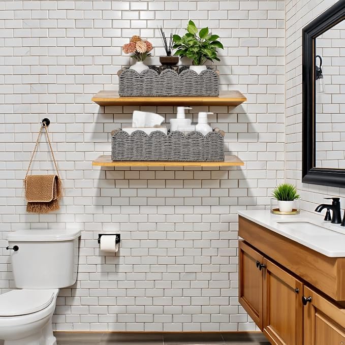 CubesLand Toilet Paper Storage Basket, Scalloped Edge Shelves Basket for Organizing for Over Toilet Tank Storage, Home Decor Baskets for Shelf, Countertop, Living Room, Bedroom, Handwoven, Grey
