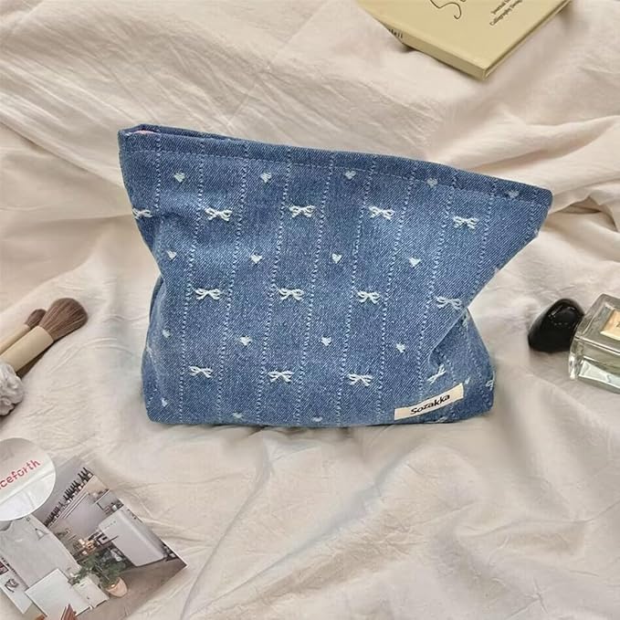SxoSyo Makeup Bag for Women Cosmetic Bags Large Purse Travel Toiletry Zipper Storage Pouch Make up Brushes Organizer for Gifts (bowknot, denim blue)