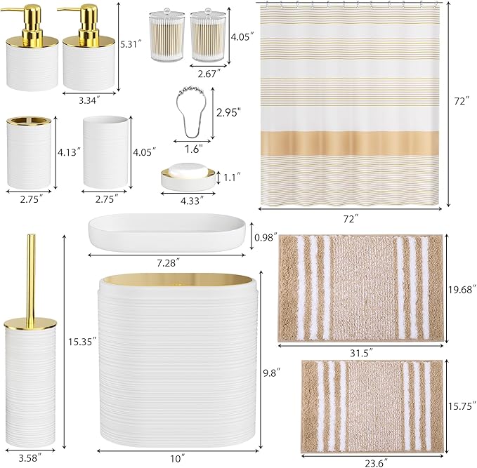 Bathroom Set - Bathroom Sets with Shower Curtain and Rugs, 25PC Bathroom Accessory Set, White Bathroom Accessories Set with Trash Can, Soap Dispensers
