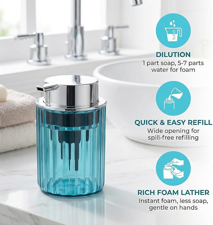 Foaming Hand Soap Dispenser 350ml (11oz) Refillable Vintage-Inspired Modern Plastic Silver Pump for Liquid Soap Shampoo Body Wash Bottle for Bathroom Kitchen (2 Pcs)(Brown+Blue)