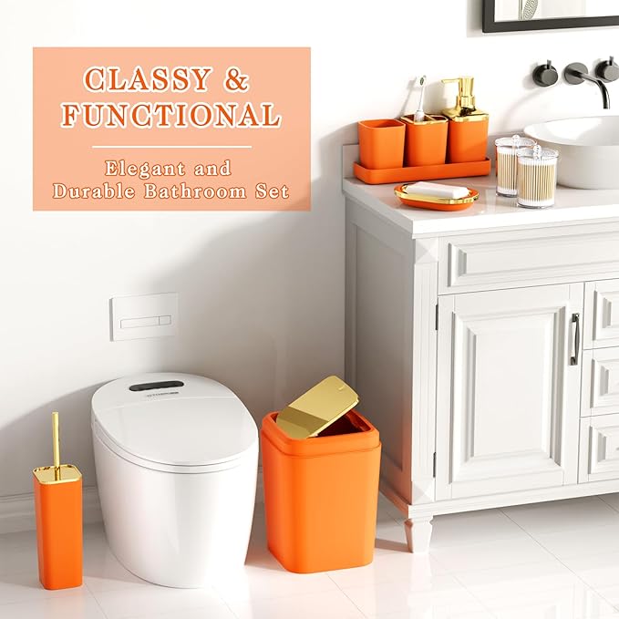 Bathroom Accessories Set - Luxury Orange Bathroom Set, 9 Pieces Bathroom Accessory Set, Orange Bathroom Accessories with Trash Can, Toilet Brush & Soap Dispenser