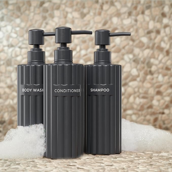 Stylish Shampoo and Conditioner Dispenser Set of 3 - Modern 19oz Shower Soap Bottles with Pump and Labels - Easy to Refill Body Wash Dispensers for an Instant Bathroom Decor Upgrade