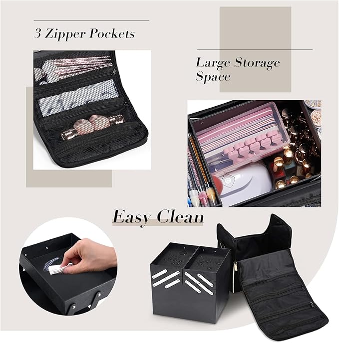 Stagiant Extra Large Makeup Case, Makeup Box Organizer,Travel Nail Bag Carrying Train Case Pro Storage Make up Case with Dividers, 4 Tier Tattoo Bag for Nail Tech/MUA,with Strap and Luggage Sleeve