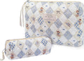 2PC Makeup Bag Set, Cute Cosmetic Bag for Women Girls, Floral Coquette Aesthetic Toiletry Bag, Travel Make Up Organizer Bag (Argyle Bear)